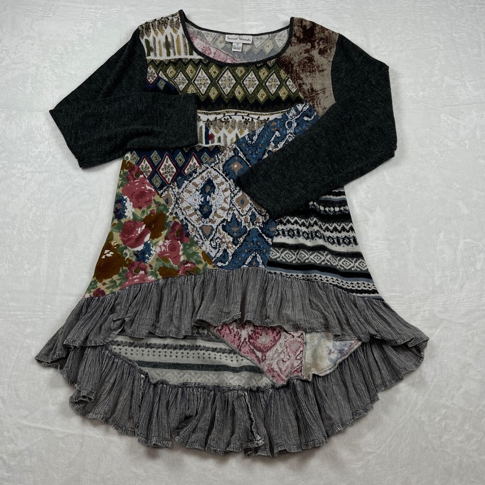 Sacred Threads Patchwork Tunic Top Womens Med Boho Ruffle High Low Mixed Print